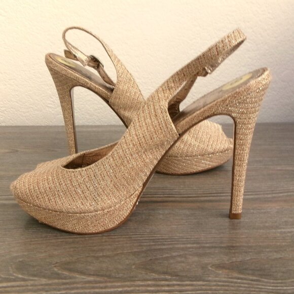 Adrianna Papell Shimmery Sparkly Gold Stiletto Heels Shoes Slingback Peep Toe 8 - Picture 6 of 16
